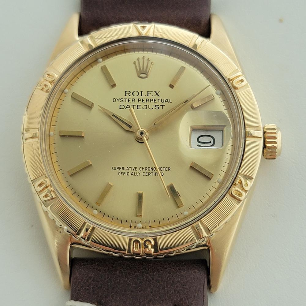 Sporty luxury, Men's 18k solid gold Rolex Oyster Perpetual Datejust 1625 automatic, c.1960s, the Thunderbird, in excellent working condition. Verified authentic by a master watchmaker. Gorgeous Rolex signed dial, applied baton index hour markers,