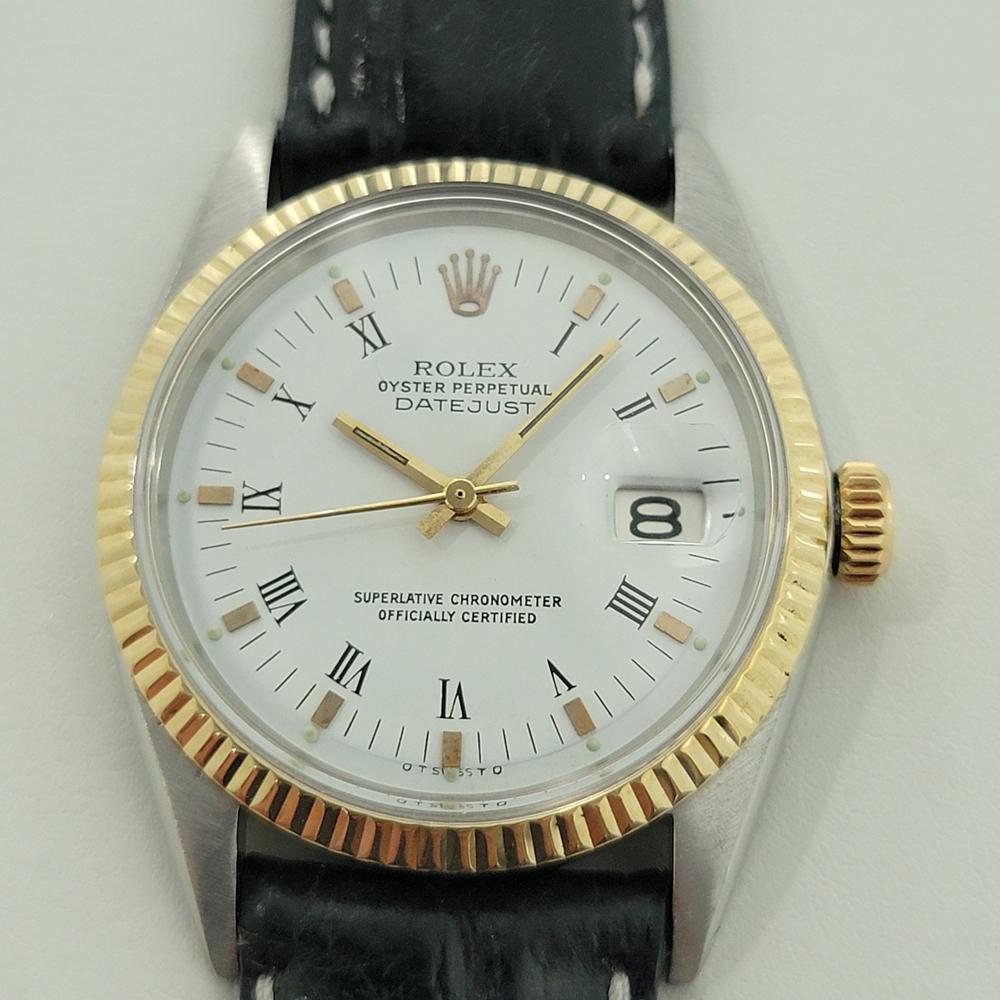 Iconic vintage classic, Men's 14k gold and stainless steel Rolex Oyster Perpetual Datejust Ref.1600 automatic, c.1960s. Verified authentic by a master watchmaker. Gorgeous Rolex signed white dial, applied indice and printed Roman numeral hour