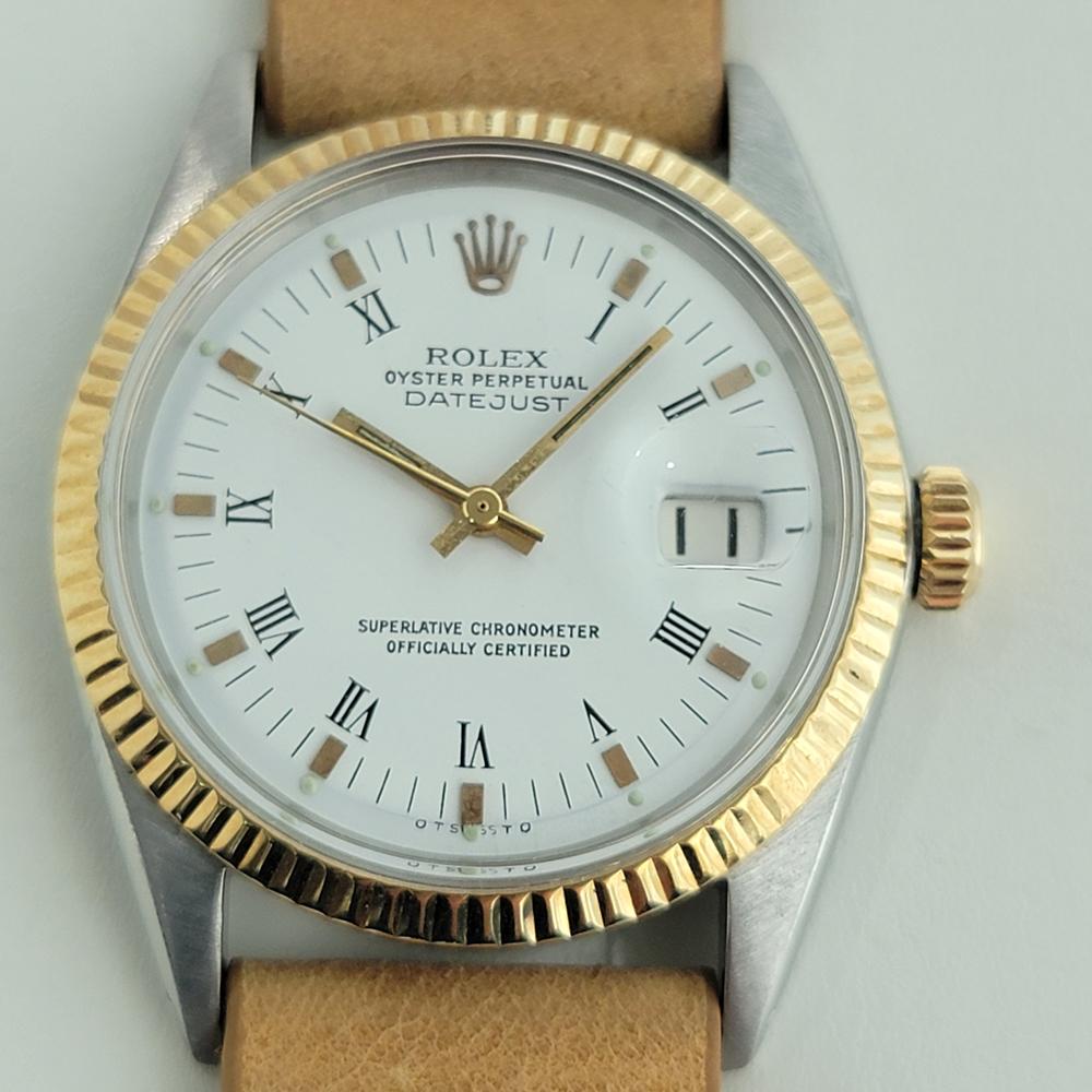 Rare iconic classic, Men's 14k gold and stainless steel Rolex Oyster Perpetual Datejust Ref.1600 automatic, c.1967, in excellent working condition. Verified authentic by a master watchmaker. Gorgeous Rolex signed polar white dial, applied block