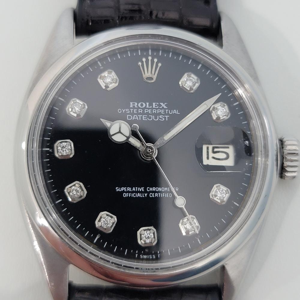Iconic classic, Men's all-stainless steel Rolex Oyster Datejust ref.1600 automatic with gorgeous aftermarket diamond setting, c.1965. Verified authentic by a master watchmaker. Dazzling Rolex signed black dial, applied diamond numeral hour markers,