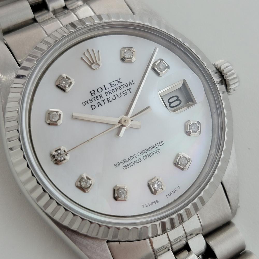 Timeless icon, Men's 18k white gold and stainless steel Rolex Oyster Perpetual Datejust Ref.1601 automatic, c.1972. Verified authentic by a master watchmaker. Gorgeous Rolex signed mother of pearl dial, applied aftermarket diamond hour markers,