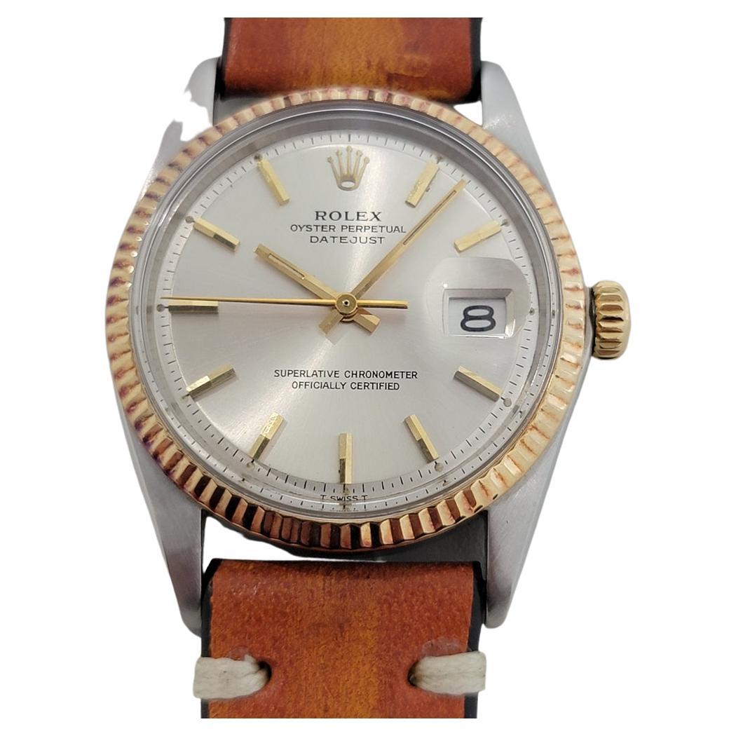 Iconic classic, Men's Rolex Oyster Perpetual Datejust Ref.1601 18k gold and stainless steel automatic, c.1970s. Verified authentic by a master watchmaker. Gorgeous Rolex signed silver dial, applied indice hour markers, gilt minute and hour hands,