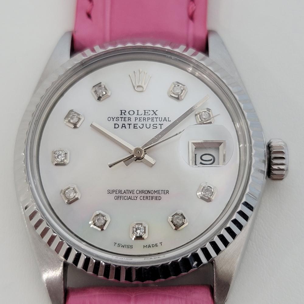 Timeless icon, Men's 18k white gold and stainless steel Rolex Oyster Perpetual Datejust Ref.1601 automatic, c.1972. Verified authentic by a master watchmaker. Gorgeous Rolex signed mother of pearl dial, applied aftermarket diamond hour markers,