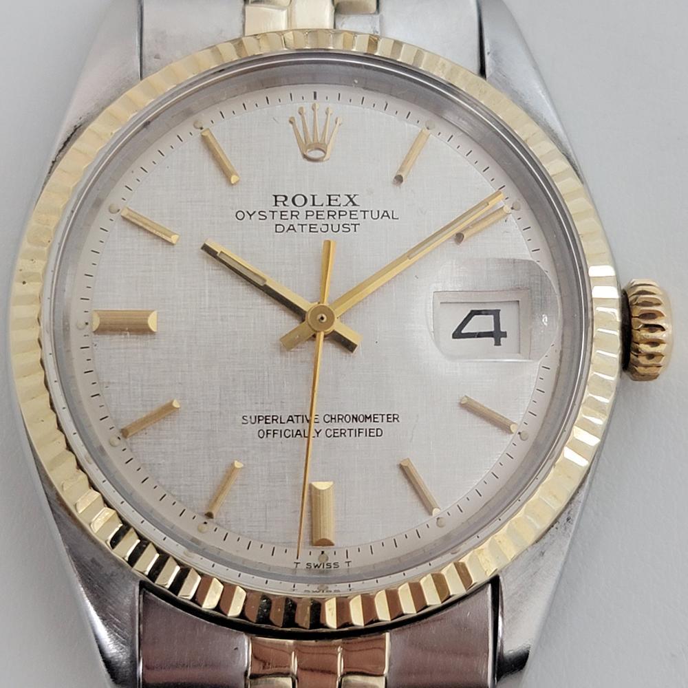 Timeless icon, Men's 14k gold and stainless steel Rolex Oyster Perpetual Datejust Ref.1601 automatic, c.1972, all original. Verified authentic by a master watchmaker. Gorgeous Rolex signed cream textured dial, applied indice hour markers, gilt