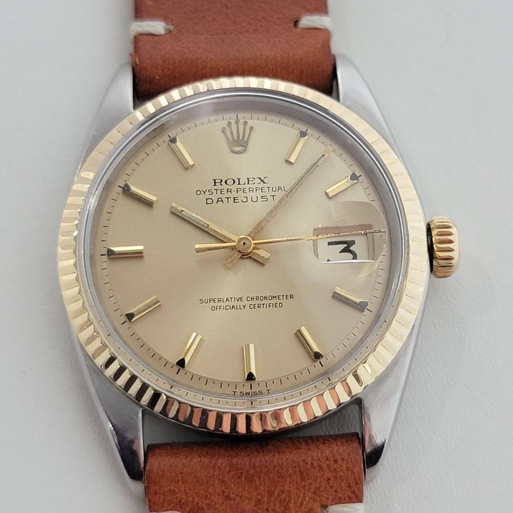 Iconic classic, Men's 18k gold & stainless steel Rolex Oyster Perpetual Datejust Ref. 1601 automatic, c.1968. Verified authentic by a master watchmaker. Gorgeous Rolex signed gold dial, applied gold indice hour markers, gilt minute and hour hands,