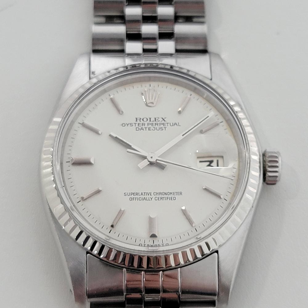 Classic icon, Men's 18k white gold and stainless steel Rolex Oyster Datejust ref.1601 automatic, c.1974, all original. Verified authentic by a master watchmaker. Gorgeous Rolex signed white dial, applied indice hour markers, silver minute and hour