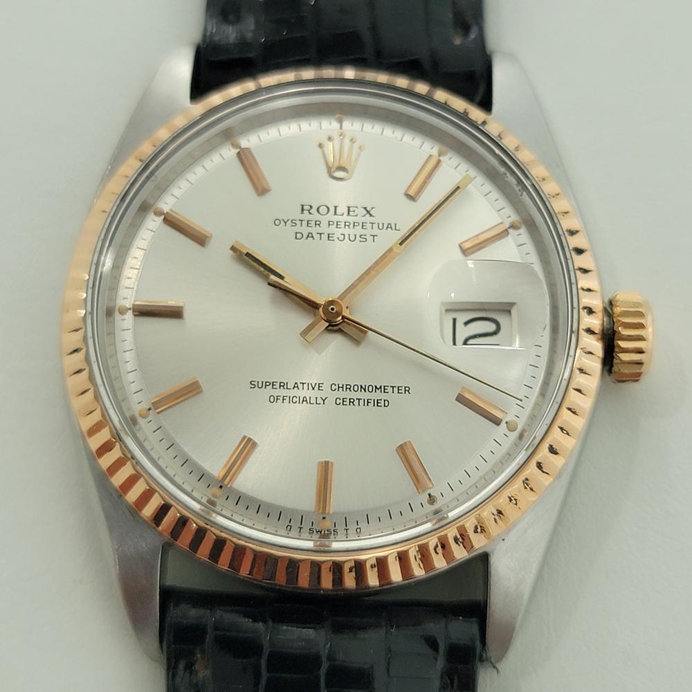 Iconic classic, Men's Rolex 1601 Oyster Perpetual Datejust automatic with rare 18k rose gold bezel, c.1960s. Verified authentic by a master watchmaker. Gorgeous Rolex signed silver dial, applied rose gold tone indice hour markers, rose gold tone