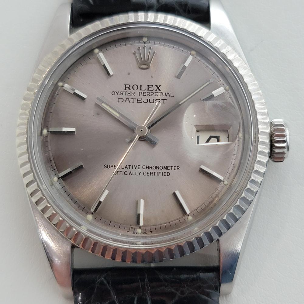 Iconic classic, Men's 18k white gold and stainless steel Rolex Oyster Perpetual Datejust Ref.1601 automatic, c.1967. Verified authentic by a master watchmaker. Gorgeous, original Rolex signed gun metal platinum dial, applied indice hour markers,