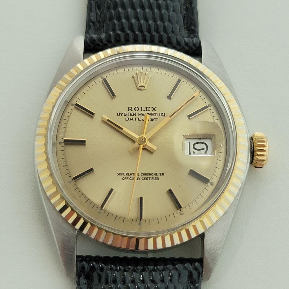 Timeless icon, Men's Rolex 1601 Oyster Perpetual Datejust 18k gold and stainless steel  automatic, c.1970s. Verified authentic by a master watchmaker. Gorgeous Rolex signed champagne dial, applied indice hour markers, gilt minute and hour hands,