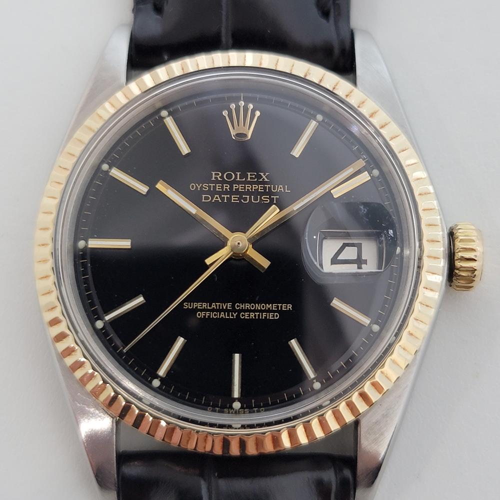Timeless icon, Men's 18k gold and stainless steel Rolex Oyster Perpetual Datejust Ref.1601 automatic, c.1971. Verified authentic by a master watchmaker. Gorgeous Rolex signed black dial, applied indice hour markers, gilt minute and hour hands,
