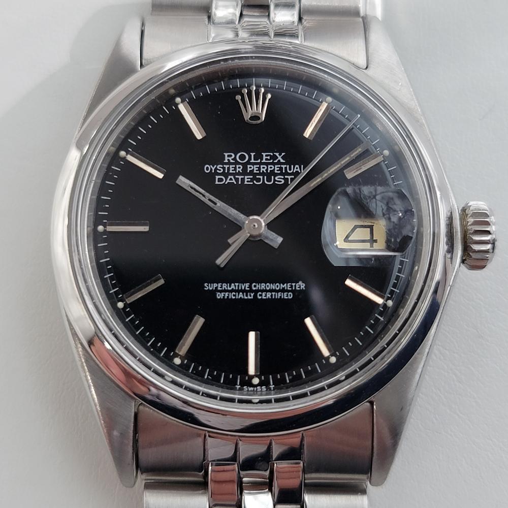 Iconic classic, Men's all-stainless steel Rolex Oyster Datejust ref.1601 automatic, c.1968, all original. Verified authentic by a master watchmaker. Gorgeous Rolex signed black dial, applied indice numeral hour markers, minute and hour hands,
