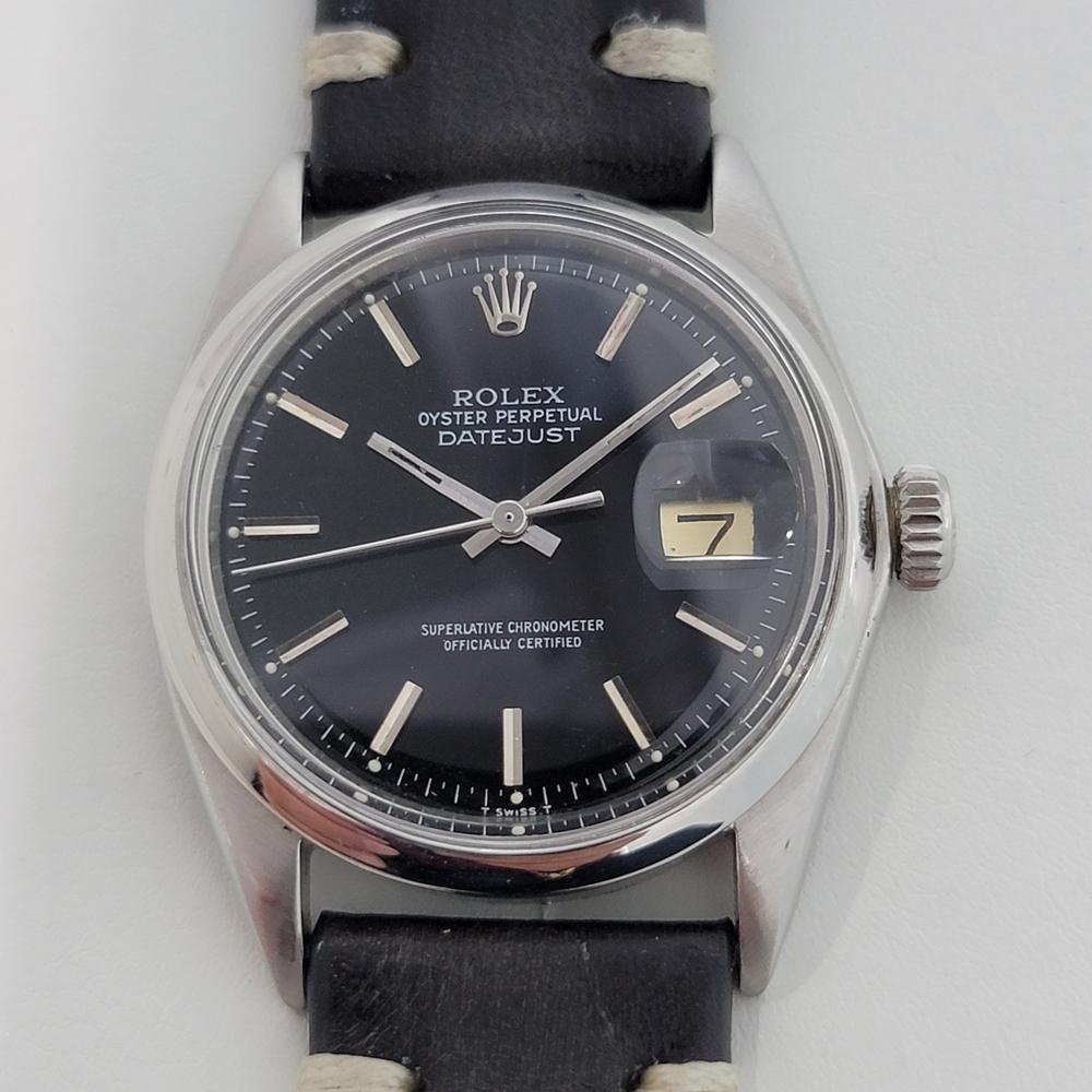 Vintage By, Rolex Oyster Perpetual Datejust Ref.1601 Automatik für Herren, um 1968. Von einem Uhrmachermeister für echt befunden. Wunderschönes, schwarzes, signiertes Rolex-Zifferblatt, aufgesetzte Indexe, silberne Minuten- und Stundenzeiger,