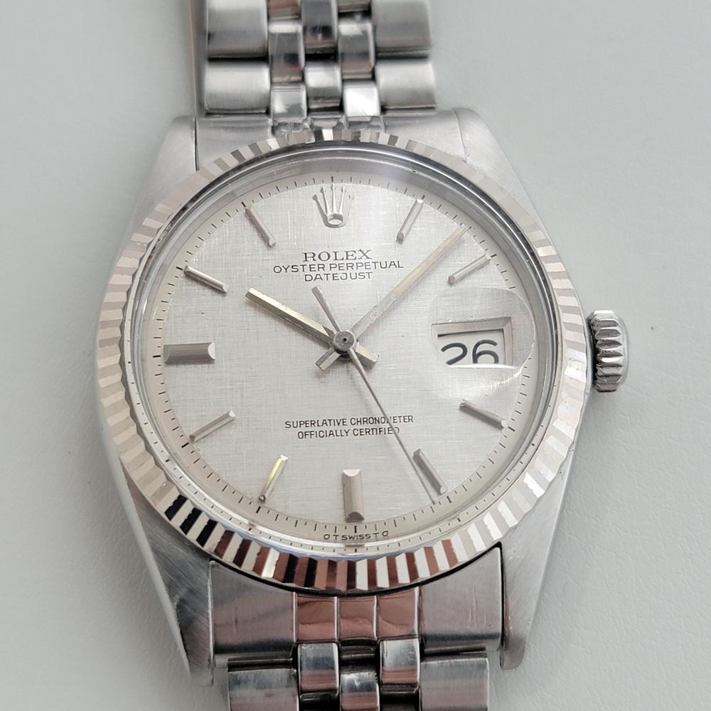 Wunderschöner Klassiker, Rolex Oyster Datejust ref.1601 Automatik, ca. 1972, ganz aus Edelstahl. Von einem Uhrmachermeister für echt befunden. Wunderschönes, signiertes, silbernes Rolex-Zifferblatt aus Leinen, aufgesetzte Indexe, silberne Minuten-