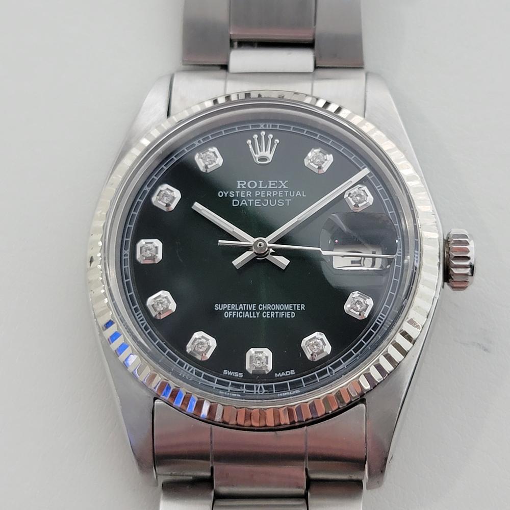 Timeless icon, Men's Rolex Oyster Perpetual Datejust Diamond set Ref.1601 automatic, c.1974. Verified authentic by a master watchmaker. Gorgeous Rolex signed emerald green dial, applied diamond hour markers, silver minute and hour hands, sweeping