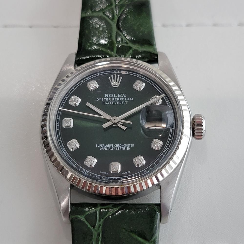 Iconic classic in gorgeous emerald green, Men's Rolex Oyster Perpetual Datejust Diamond set Ref.1601 automatic, c.1974. Verified authentic by a master watchmaker. Gorgeous Rolex signed emerald green dial, applied diamond hour markers, silver minute