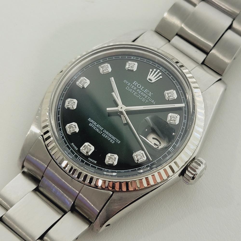 Mens Rolex Oyster Datejust Ref 1601 Diamond Set Automatic 1970s Green RA305 In Excellent Condition In Beverly Hills, CA