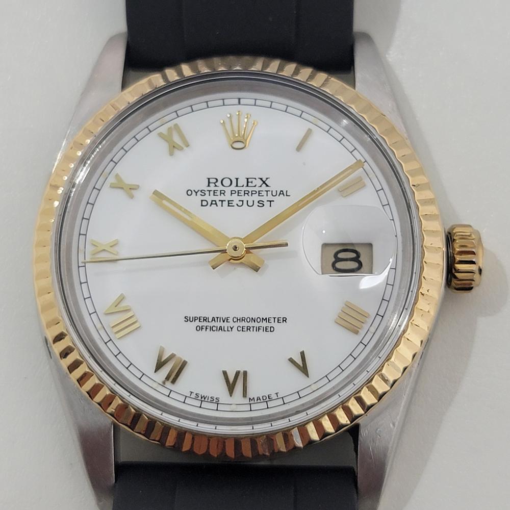 Timeless icon, Men's 18k gold and stainless steel Rolex Oyster Perpetual Datejust Ref.16013 automatic, c.1984, in excellent working condition. Verified authentic by a master watchmaker. Gorgeous Rolex signed white dial, applied Roman numeral hour