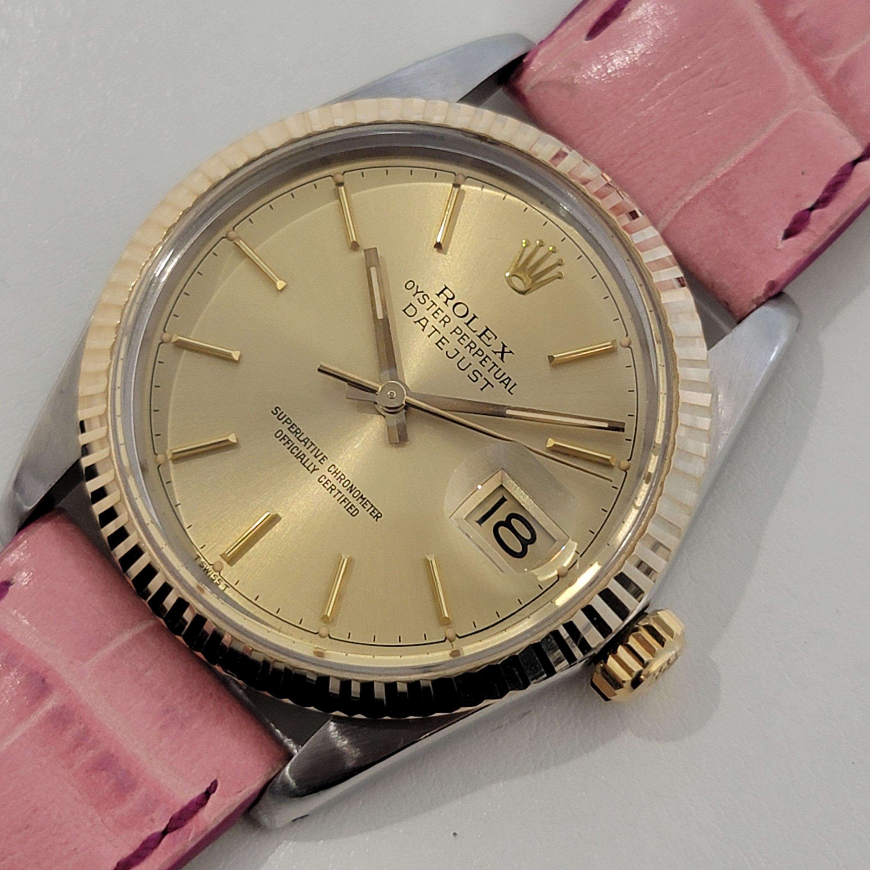 Iconic classic, Men's 18k gold and stainless steel Rolex Oyster Perpetual Datejust Ref.16013 automatic, c.1980, in excellent working and aesthetic condition. Verified authentic by a master watchmaker. Gorgeous Rolex signed gold dial, applied indice