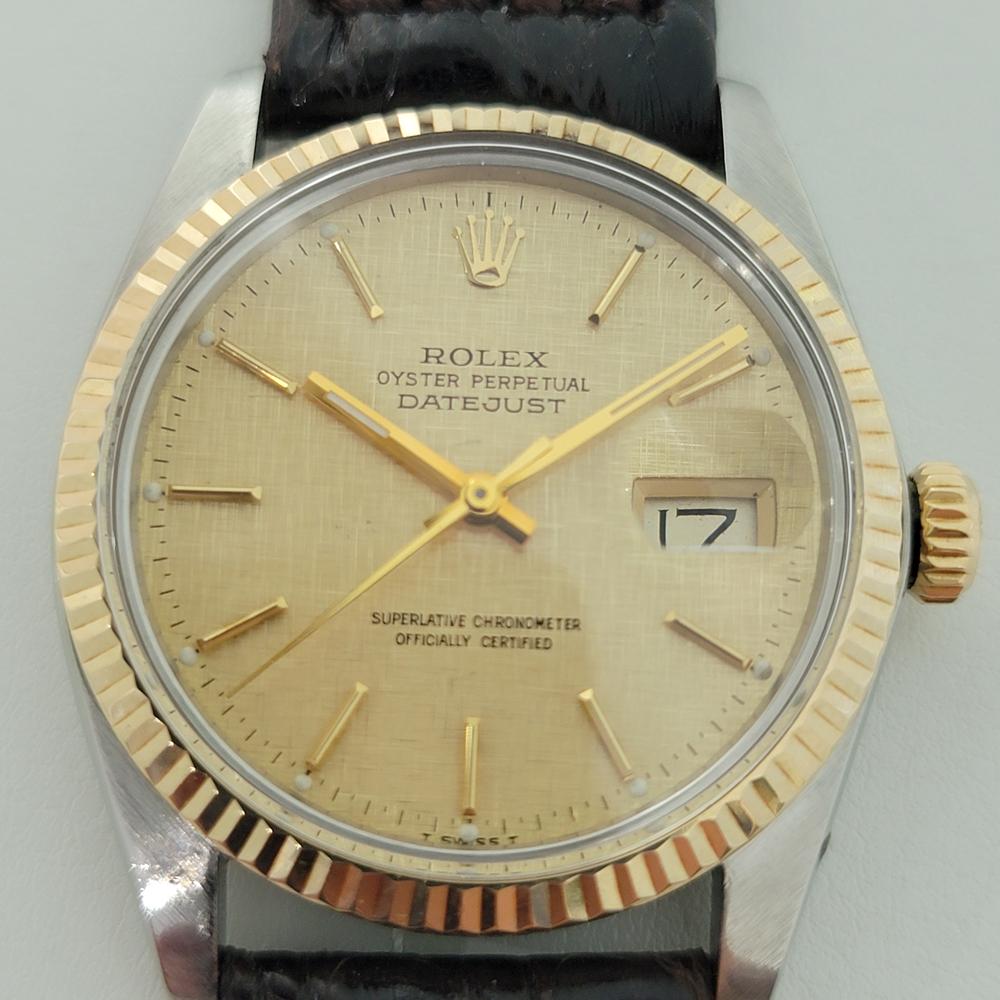 Timeless icon, Men's 18k gold and stainless steel Rolex Oyster Perpetual Datejust Ref.16013 automatic, c.1987. Verified authentic by a master watchmaker. Gorgeous Rolex signed gold linen dial, applied indice hour markers, gilt minute and hour hands,