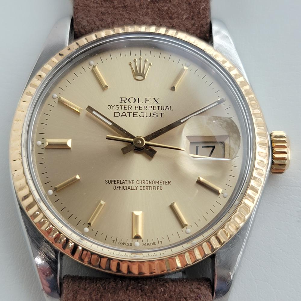 Timeless icon, Men's 18k gold and stainless steel Rolex Oyster Perpetual Datejust Ref.16013 automatic, c.1986. Verified authentic by a master watchmaker. Gorgeous Rolex signed gold dial, applied indice hour markers, gilt minute and hour hands,