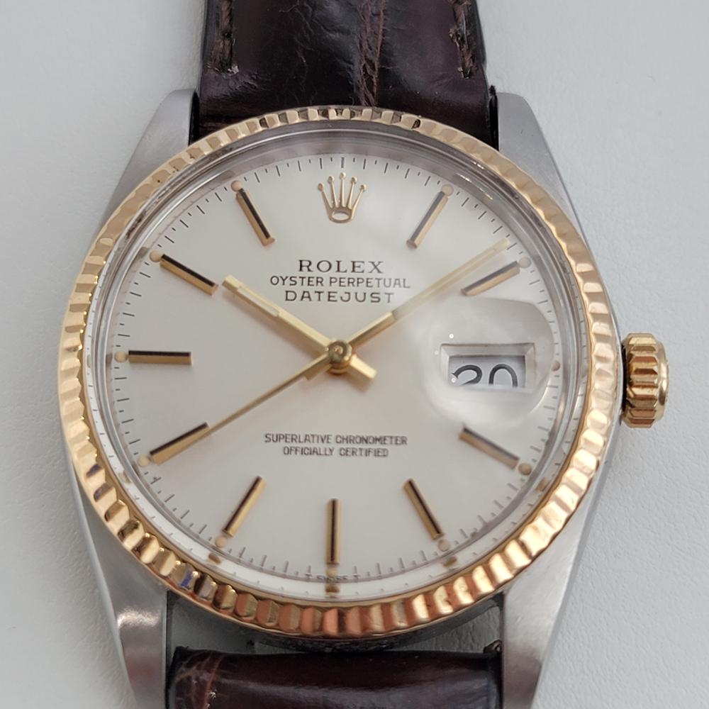 Timeless icon, Men's 18k gold and stainless steel Rolex Oyster Perpetual Datejust Ref.16013 automatic, c.1984. Verified authentic by a master watchmaker. Gorgeous Rolex signed original, unrestored dial, applied indice hour markers, gilt minute and