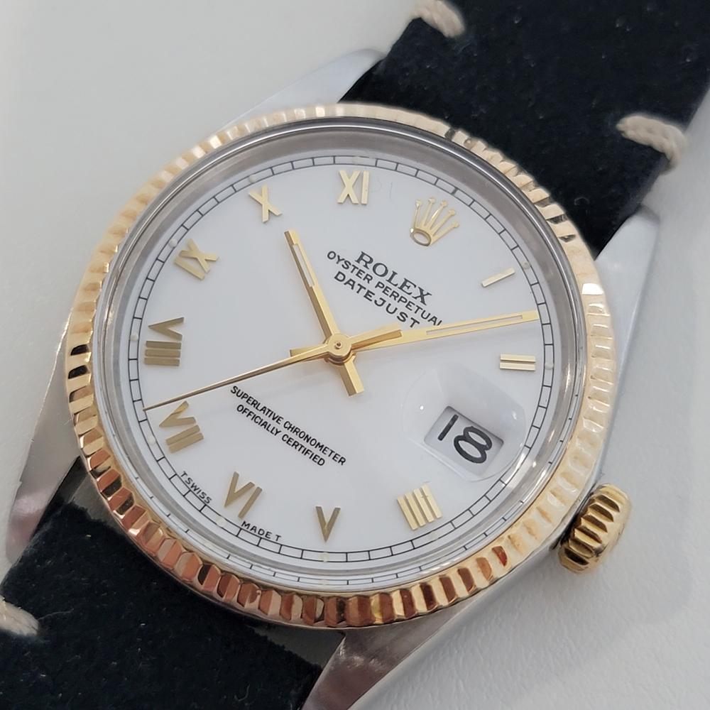 Timeless icon, Men's 18k gold and stainless steel Rolex Oyster Perpetual Datejust Ref.16013 automatic, c.1981. Verified authentic by a master watchmaker. Gorgeous Rolex signed white dial, applied gilt Roman numeral hour markers, gilt minute and hour