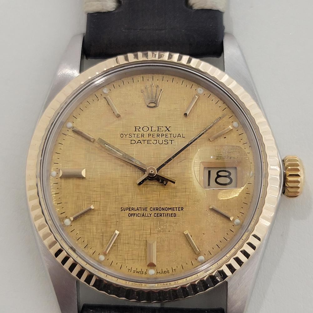 Iconic classic, Men's 18k gold and stainless steel Rolex Oyster Perpetual Datejust Ref.16013 automatic, c.1978, in excellent aesthetic and working condition. Verified authentic by a master watchmaker. Classic Rolex signed gold linen dial, applied