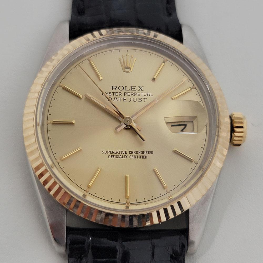 Timeless icon, Men's 18k gold and stainless steel Rolex Oyster Perpetual Datejust Ref.16013 automatic, c.1980s. Verified authentic by a master watchmaker. Gorgeous Rolex signed gold dial, applied indice hour markers, gilt minute and hour hands,