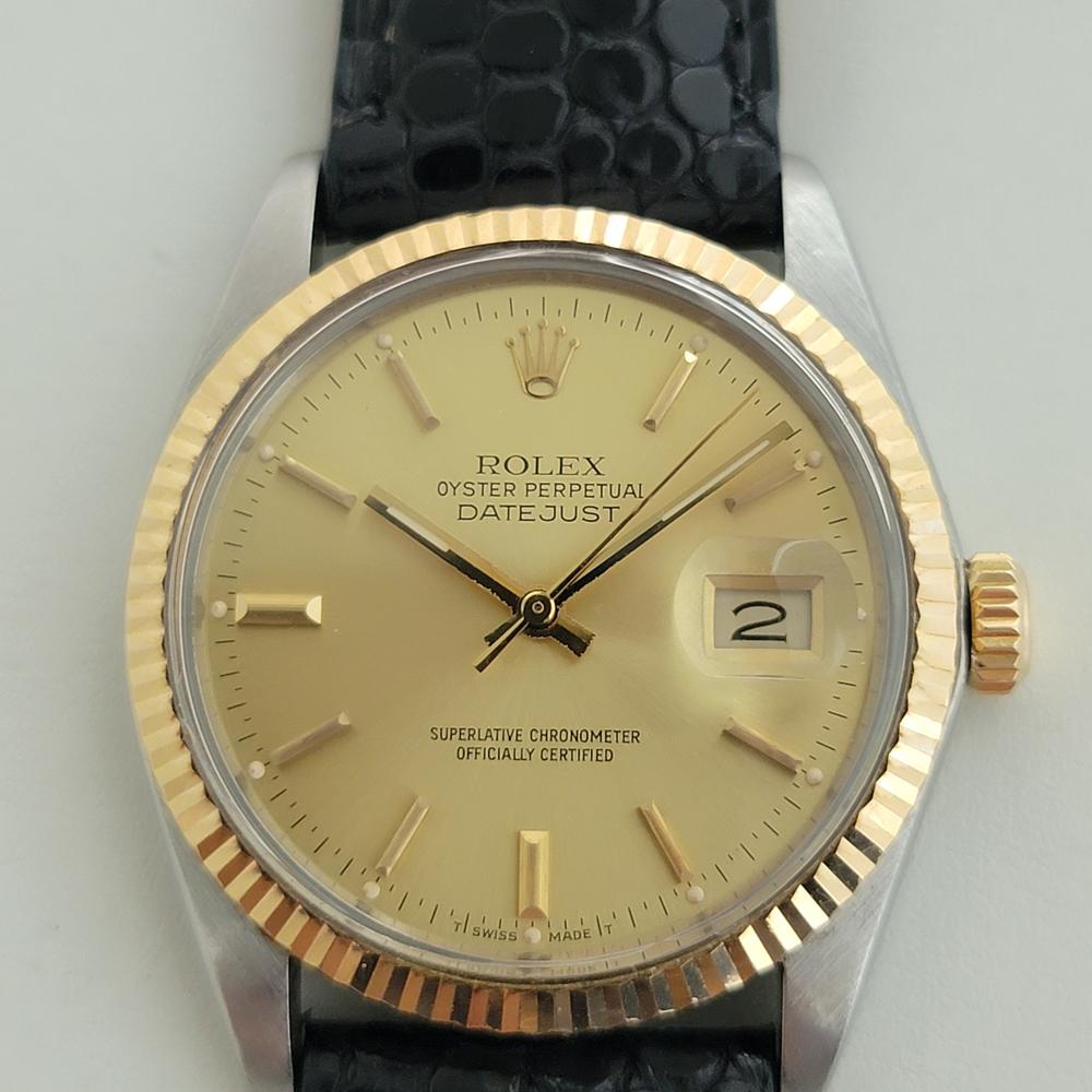 A timeless classic, Men's 18k gold and stainless steel Rolex Oyster Perpetual Datejust Ref.16013 automatic, c.1986, in excellent aesthetic and working condition. Verified authentic by a master watchmaker. Gorgeous Rolex signed gold dial, applied
