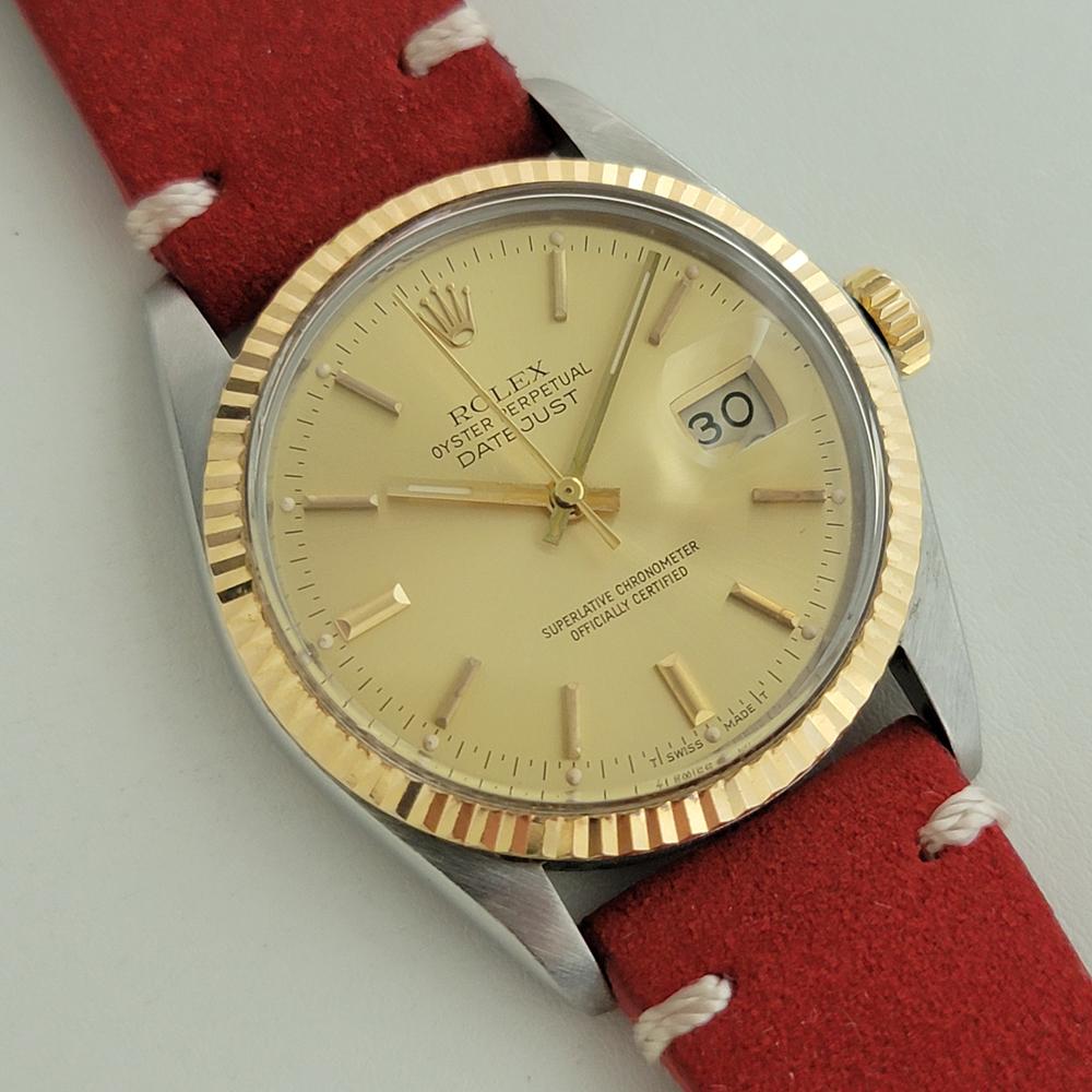 Mens Rolex Oyster Datejust Ref 16013 36mm 18k SS Automatic 1980s Swiss NA103R In Excellent Condition For Sale In Beverly Hills, CA