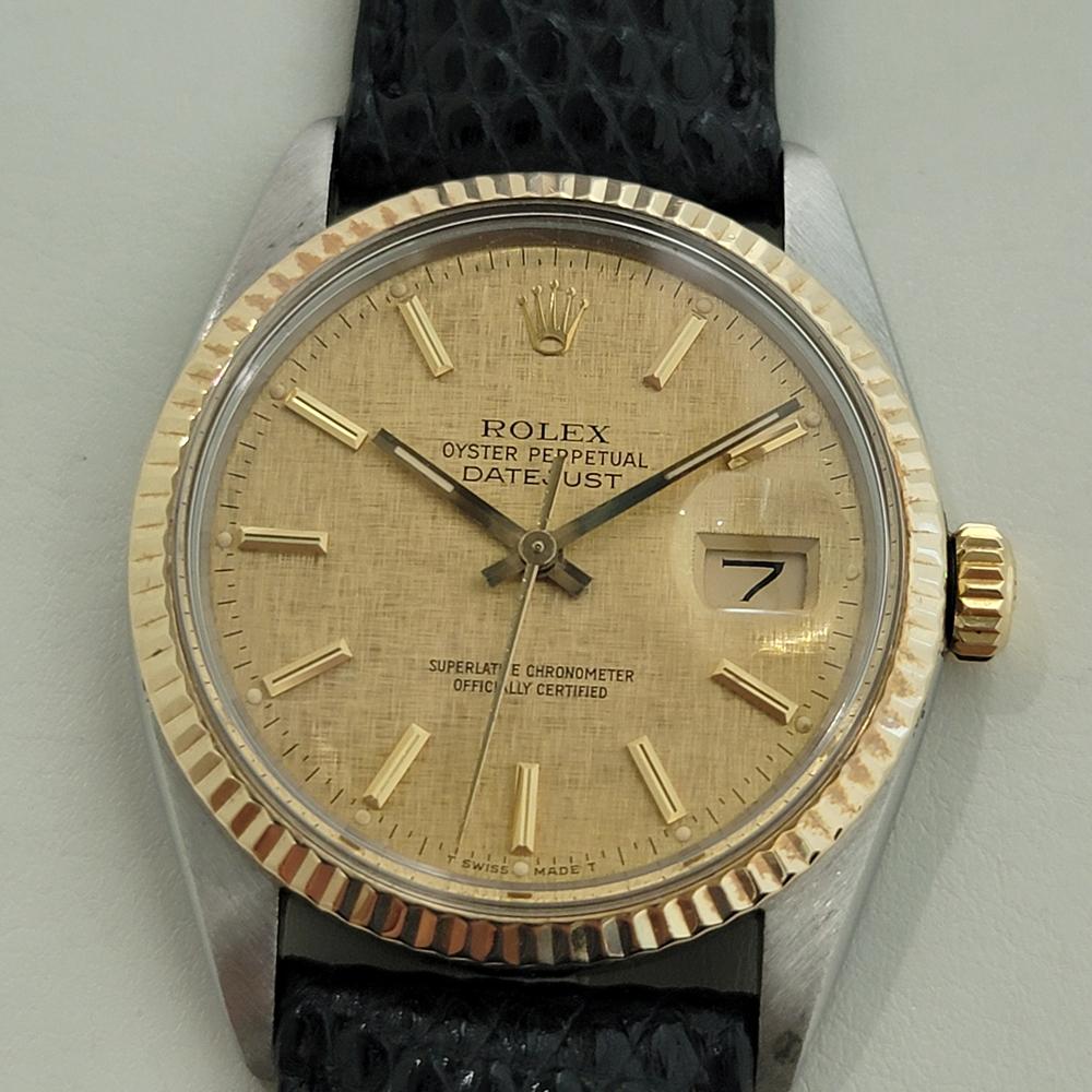 A timeless classic, Men's 18k gold and stainless steel Rolex Oyster Perpetual Datejust Ref.16013 automatic, c.1984, in excellent aesthetic and working condition. Verified authentic by a master watchmaker. Iconic Rolex signed gold linen dial, applied
