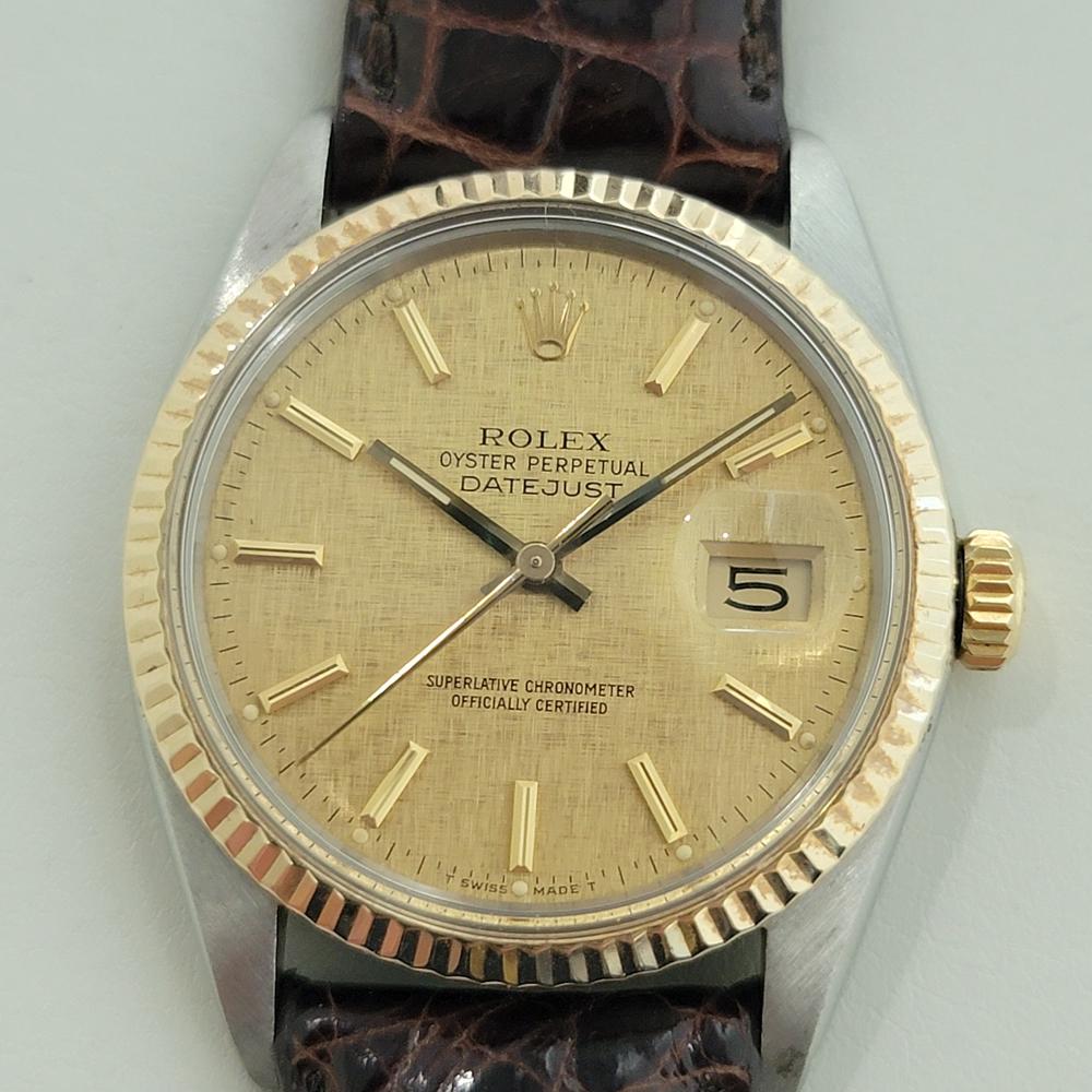A timeless icon, Men's 18k gold and stainless steel Rolex Oyster Perpetual Datejust Ref.16013 automatic, c.1984, in excellent aesthetic and working condition. Verified authentic by a master watchmaker. Classic Rolex signed linen dial, applied indice