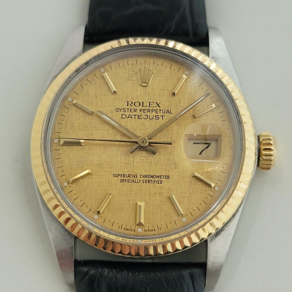 A timeless classic, Men's 18k gold and stainless steel Rolex Oyster Perpetual Datejust Ref.16013 automatic, c.1984, in excellent aesthetic and working condition. Verified authentic by a master watchmaker. Iconic Rolex signed gold linen dial, applied