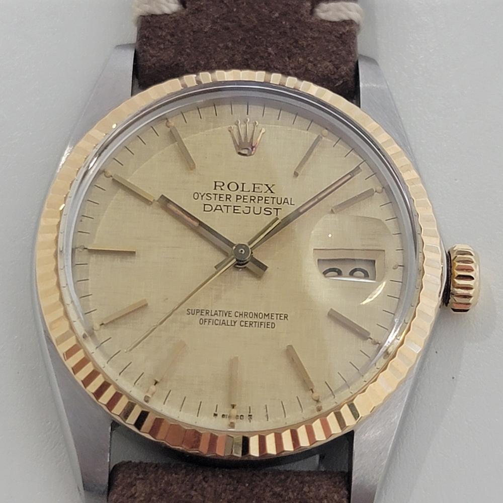 Iconic classic, Men's 18k gold and stainless steel Rolex Oyster Perpetual Datejust Ref.16013 automatic, c.1980s, in excellent working condition. Verified authentic by a master watchmaker. Unique Rolex signed patterned dial, applied indice hour