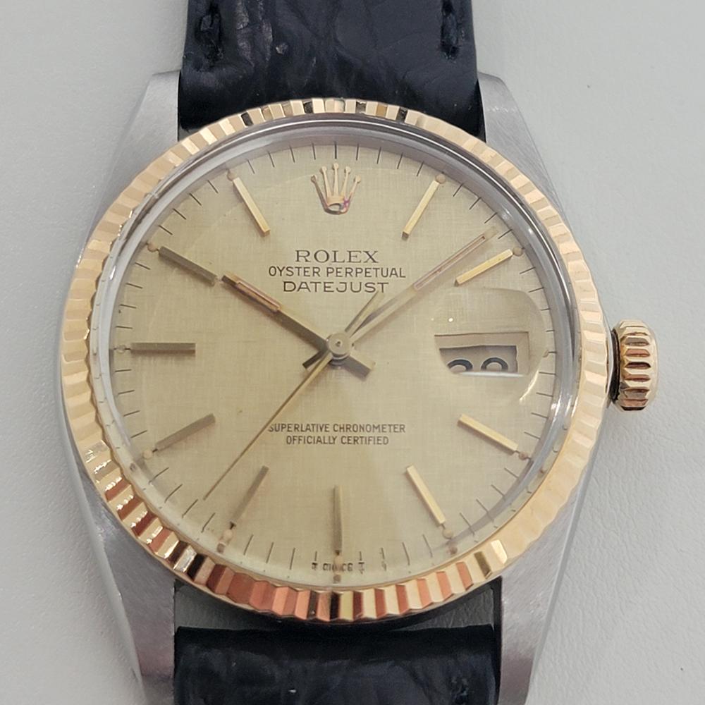 Timeless icon, Men's 18k gold and stainless steel Rolex Oyster Perpetual Datejust Ref.16013 automatic, c.1983, in excellent working condition. Verified authentic by a master watchmaker. Classic Rolex signed linen dial, applied baton hour markers,