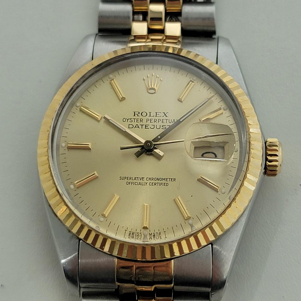 Luxury icon, Men's 18k gold and stainless steel Rolex Oyster Perpetual Datejust Ref.16013 automatic, c.1987, all original, in excellent working condition. Verified authentic by a master watchmaker. Classic Rolex signed gold dial, applied baton hour