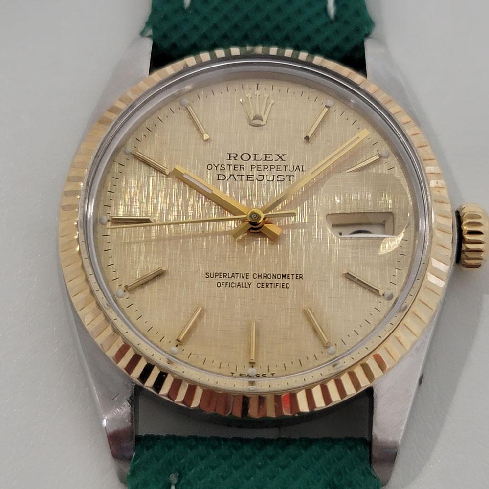 Iconic classic, Men's 18k gold and stainless steel Rolex Oyster Perpetual Datejust Ref.16013 automatic, c.1987. Verified authentic by a master watchmaker. Gorgeous Rolex signed gold linen dial, applied indice hour markers, gilt minute and hour