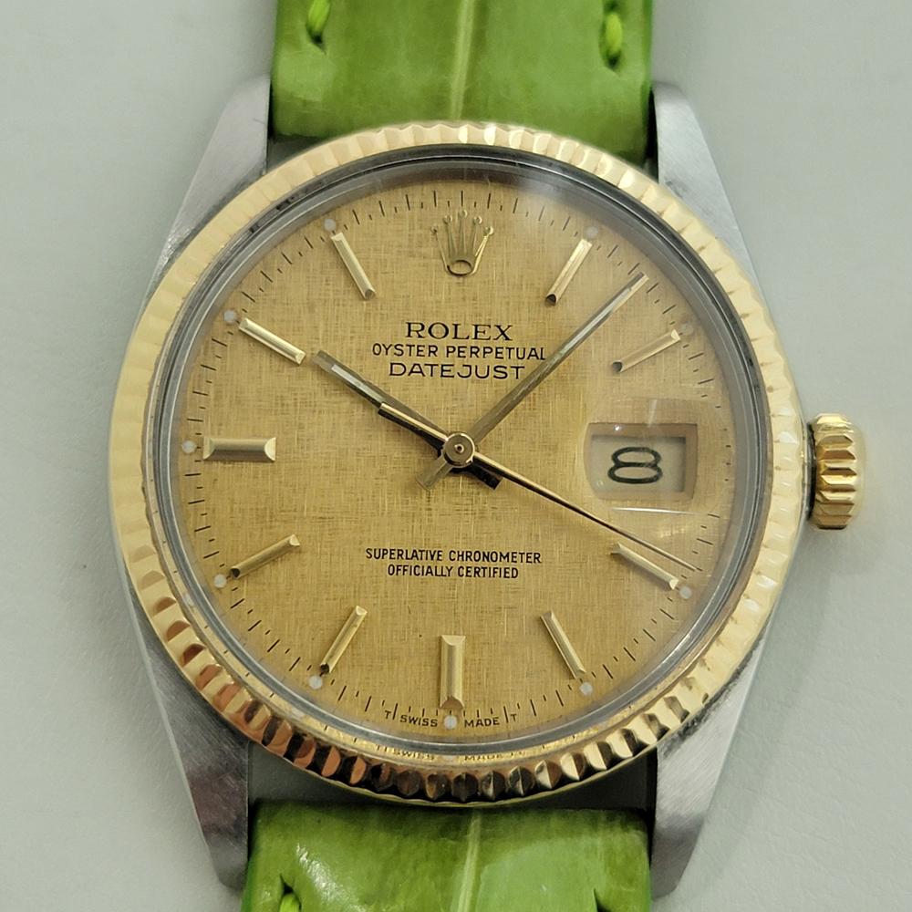 Timeless icon, Men's 18k gold and stainless steel Rolex Oyster Perpetual Datejust Ref.16013 automatic, c.1986, in excellent aesthetic and working condition. Verified authentic by a master watchmaker. Iconic Rolex signed gold linen dial, applied