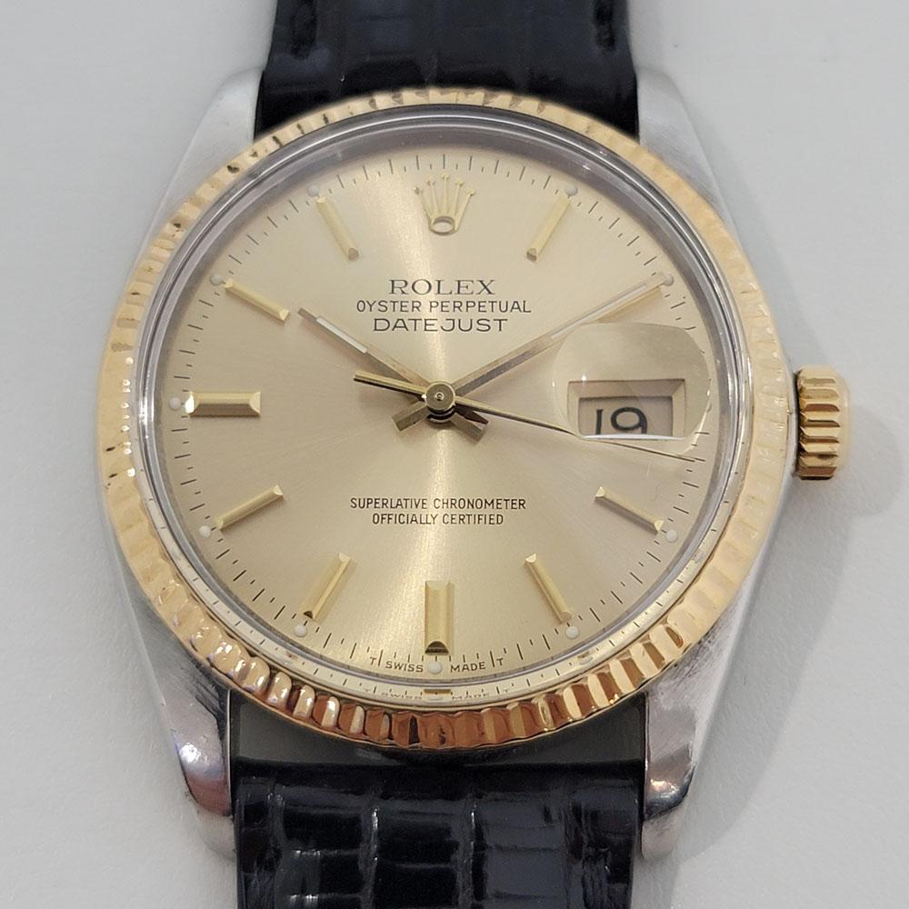 Timeless icon, Men's 18k gold and stainless steel Rolex Oyster Perpetual Datejust Ref.16013 automatic, quickset, c.1986. Verified authentic by a master watchmaker. Gorgeous Rolex signed gold dial, applied indice hour markers, gilt minute and hour