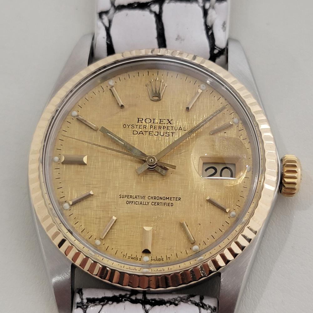 Timeless icon, Men's 18k gold and stainless steel Rolex Oyster Perpetual Datejust Ref.16013 automatic, c.1978, in excellent aesthetic and working condition. Verified authentic by a master watchmaker. Iconic Rolex signed gold linen dial, applied