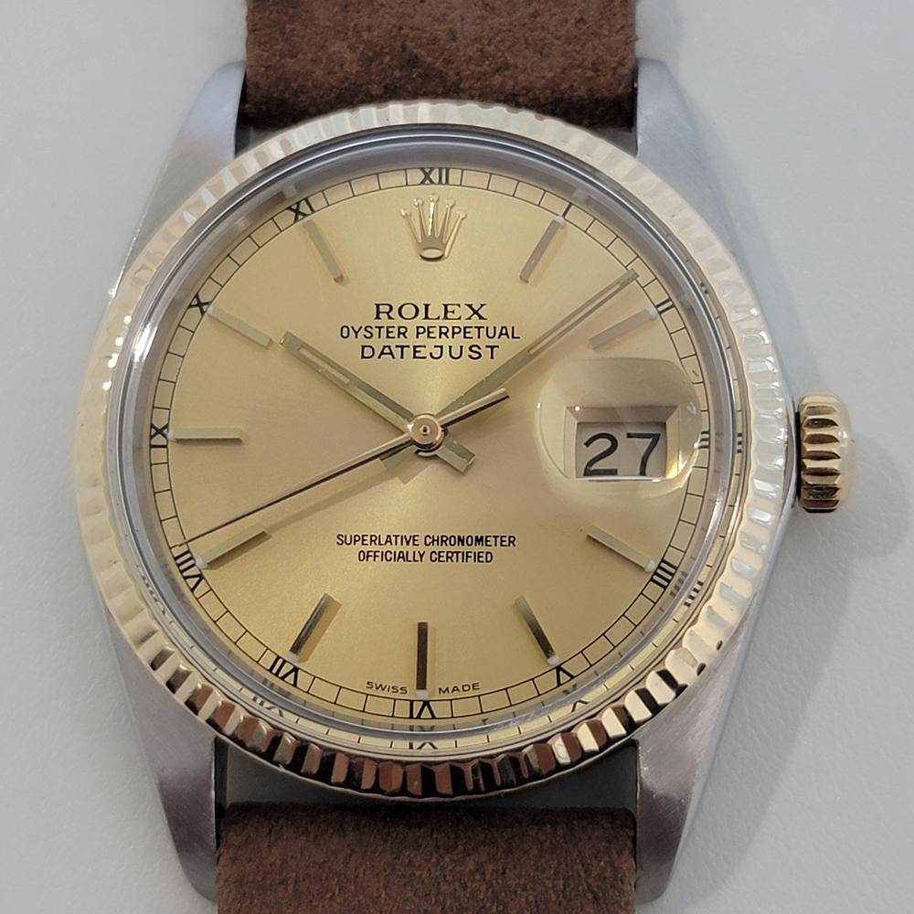 Timeless icon, Men's 18k gold and stainless steel Rolex Oyster Perpetual Datejust Ref.16013 automatic, c.1983, in excellent aesthetic and working condition. Verified authentic by a master watchmaker. Gorgeous Rolex signed gold dial, applied baton