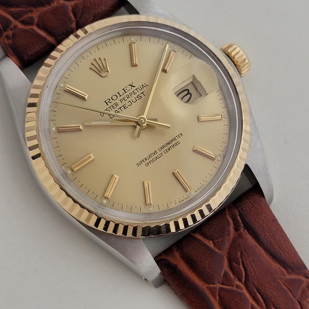 Mens Rolex Oyster Datejust Ref 16013 36mm 18k SS Date Automatic 1980s RA397 In Excellent Condition For Sale In Beverly Hills, CA