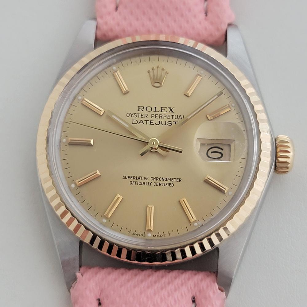 Pretty in pink, iconic Men's 18k gold and stainless steel Rolex Oyster Perpetual Datejust Ref.16013 automatic, c.1987, in excellent aesthetic and working condition. Verified authentic by a master watchmaker. Gorgeous Rolex signed gold dial, applied