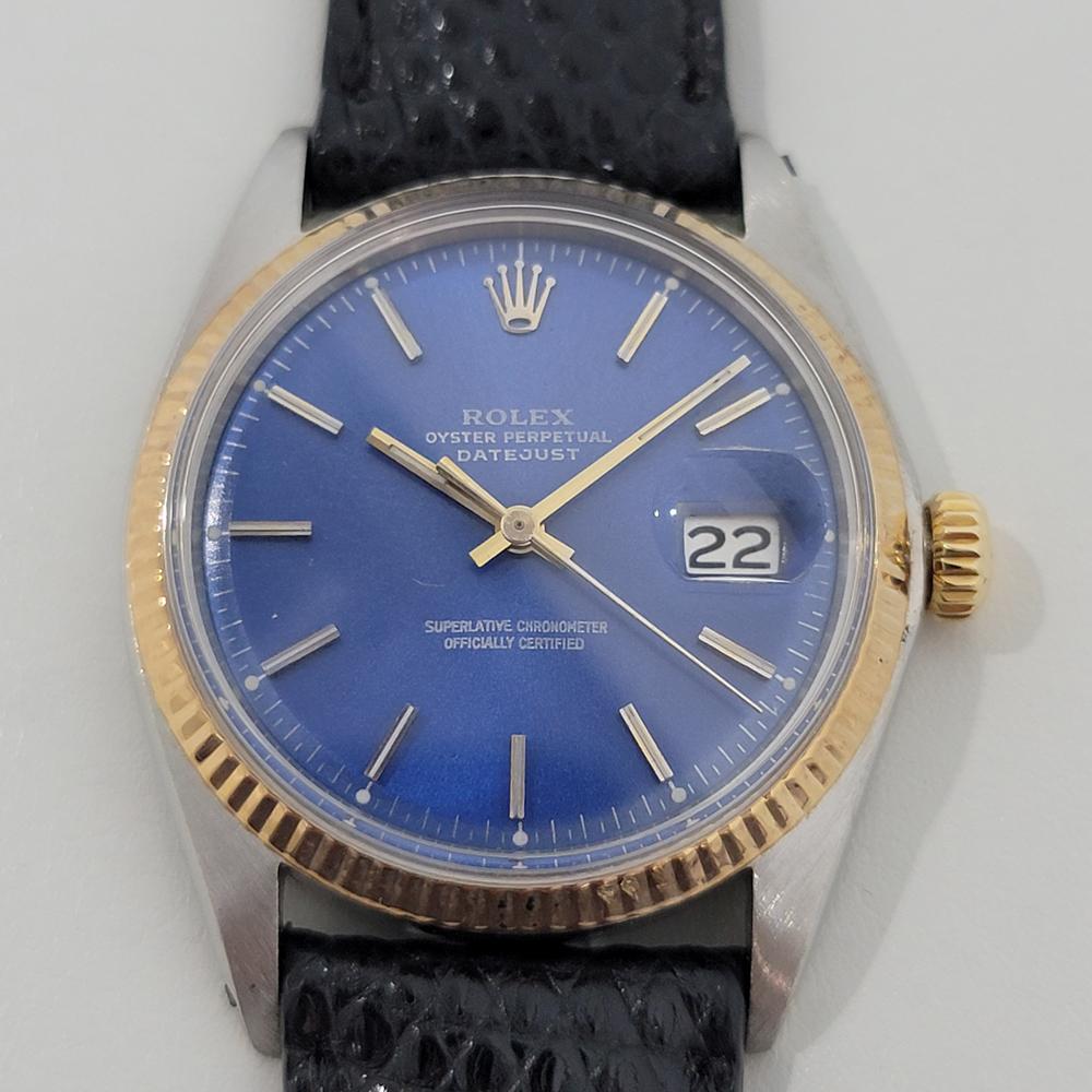 Classic icon, Men's 18k gold and stainless steel Rolex Oyster Datejust ref.1603 automatic with gorgeous rich blue dial, c.1970s. Verified authentic by a master watchmaker. Gorgeous, unrestored Rolex signed rich blue dial, applied gold indice hour