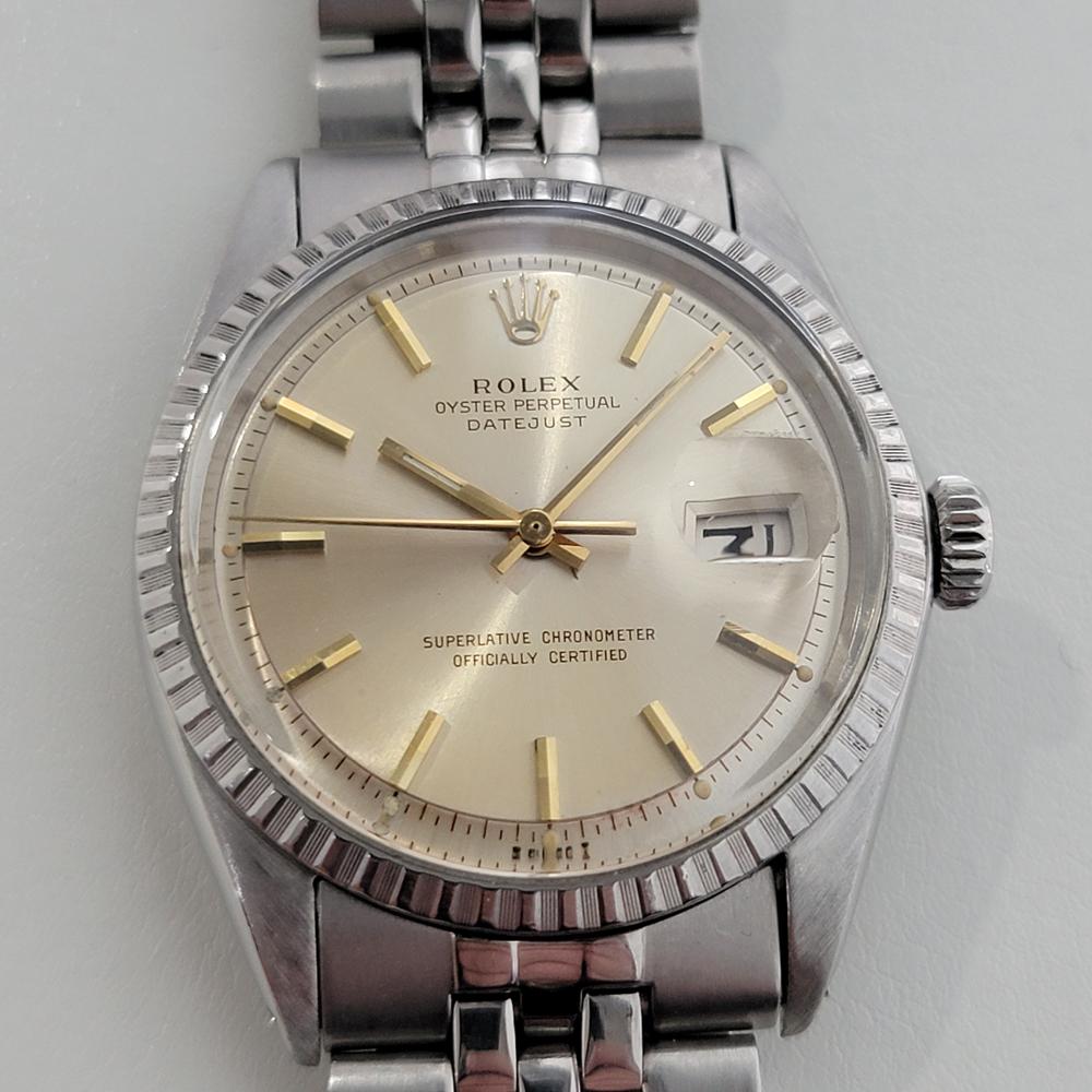 Iconic classic, Men's all-stainless steel Rolex Oyster Datejust ref.1603 automatic, c.1970, all original, in great condition! Verified authentic by a master watchmaker. Gorgeous Rolex signed gold dial, applied gold indice hour markers, gilt minute