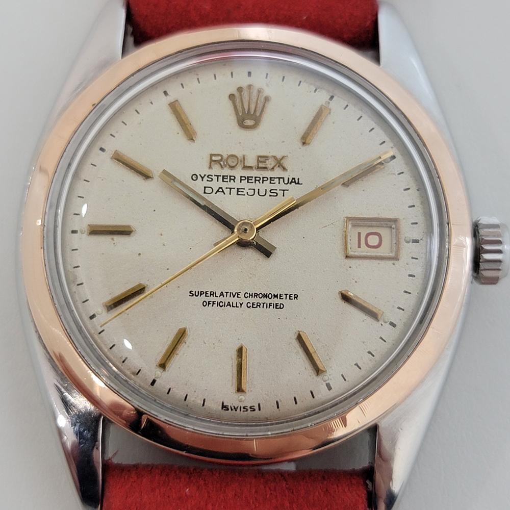 Classic icon, Men's rare Rolex ref.6075 Oyster Perpetual Datejust automatic 14k rose gold bezel on stainless steel, c.1951. Verified authentic by a master watchmaker. Gorgeous Rolex signed dial, applied indice hour markers, gilt minute and hour