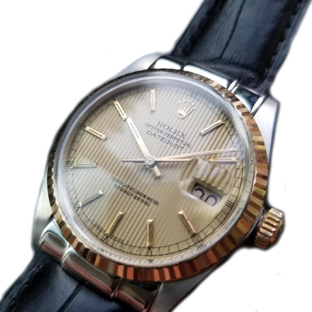 Timeless icon, men's 18K gold and stainless steel Rolex Oyster Perpetual 16013 Datejust automatic, c.1987. Verified authentic by a master watchmaker. Gorgeous Rolex signed gold striped dial, applied gold baton hour markers, gold minute and hour