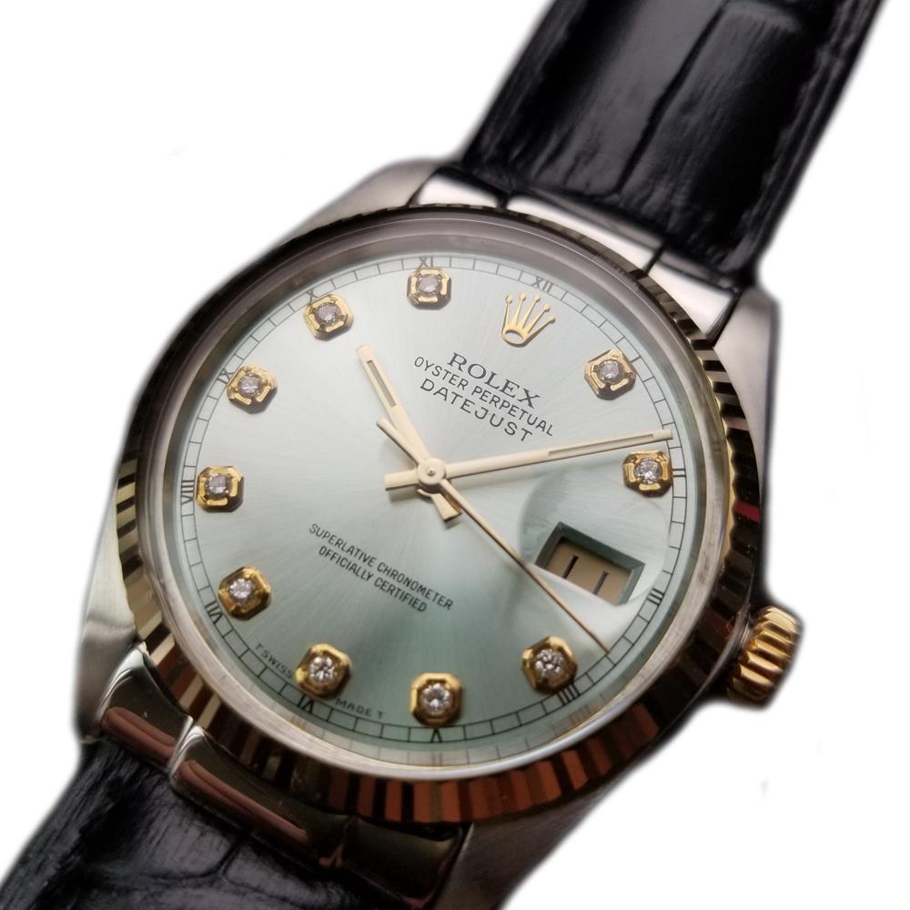 Timeless icon, men's Rolex Oyster Perpetual Datejust ref.16014 automatic, c.1979. Verified authentic by a master watchmaker. Stunning Rolex signed sky blue dial, restored to exact Rolex specification, applied diamond hour markers, minute and hour