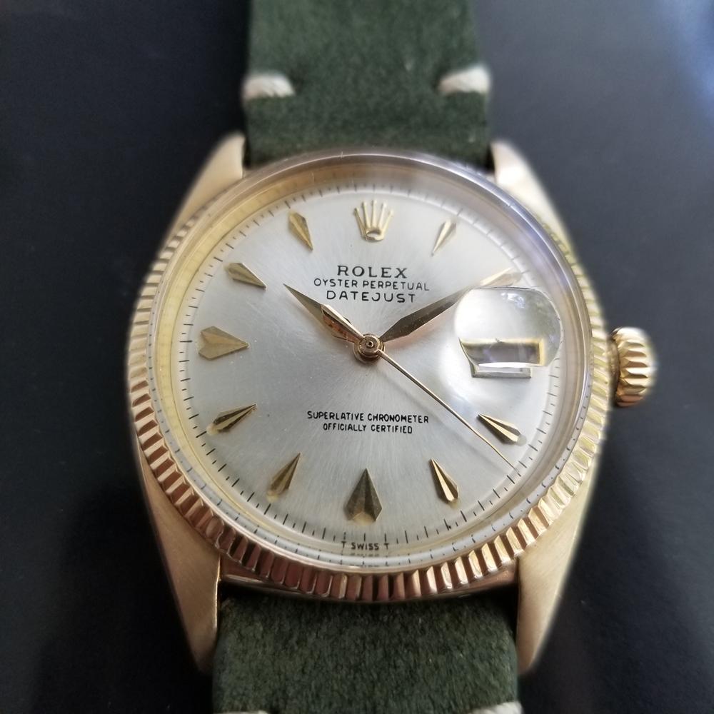 Classic luxury, Men's 14k solid gold Rolex Oyster Datejust ref.6605  automatic, c.1957. Verified authentic by a master watchmaker. Gorgeous Rolex signed silver dial, applied sword hour markers, gilt minute and hour hands, sweeping central second