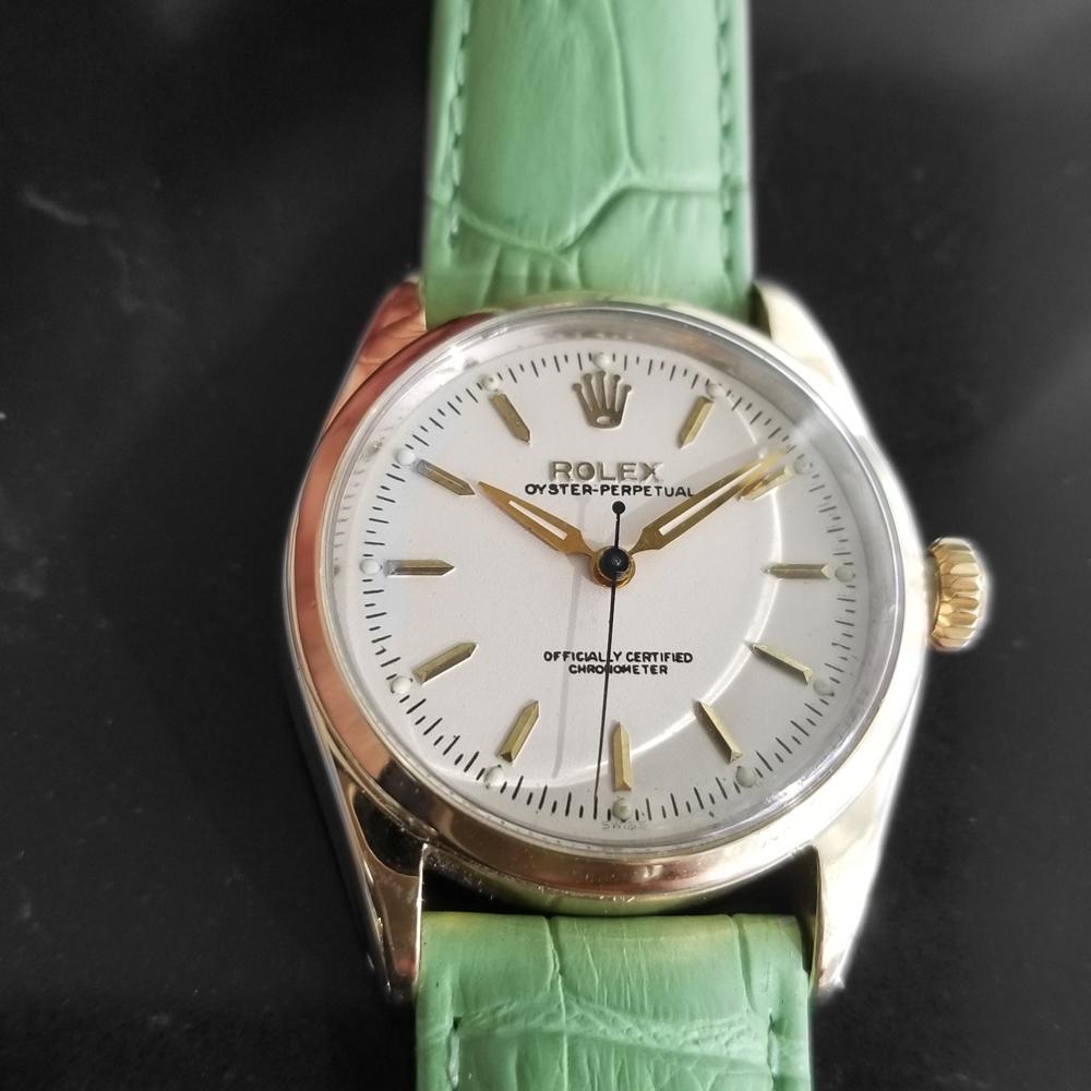 Gorgeous classic, Men's Gold-Capped Rolex Oyster Perpetual Ref.6634 automatic dress watch, c.1958. Verified authentic by a master watchmaker. Rolex signed white dial, applied indice hour markers, gilt minute and hour hands, sweeping central second